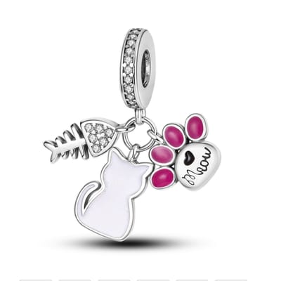 Fler® | Bedel | Past op populaire bedel armbanden (standaard-3mm) | armbandbedel | 3 delige bedel | Bedel kat, vissengraat, poot | Kat | Huisdier | Kattenpoot | Bedel Charm | 925 Sterling Zilver | zwart, roze | Zirkonia | Cadeau | Valentijn kado