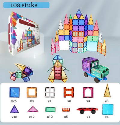 Tissy® - Magnetisch Speelgoed – 108 stuks - Constructie speelgoed - Magnetische tegels - Montessori - speelgoed - Magnetic toys - Magnetische bouwstenen - Speelgoed Kinderen - Magnetic Tiles - Cadeau - Kerst