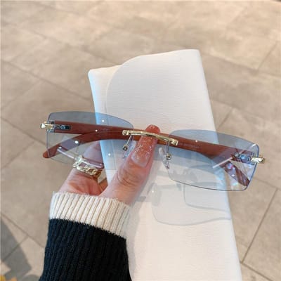 KAMMPT Randloze Zonnebril Stijlvolle Tinten UV400 Reizen Buiten Voor Mannen Vrouwen Houtnerf Luxe Vintage Zonnebril As picture