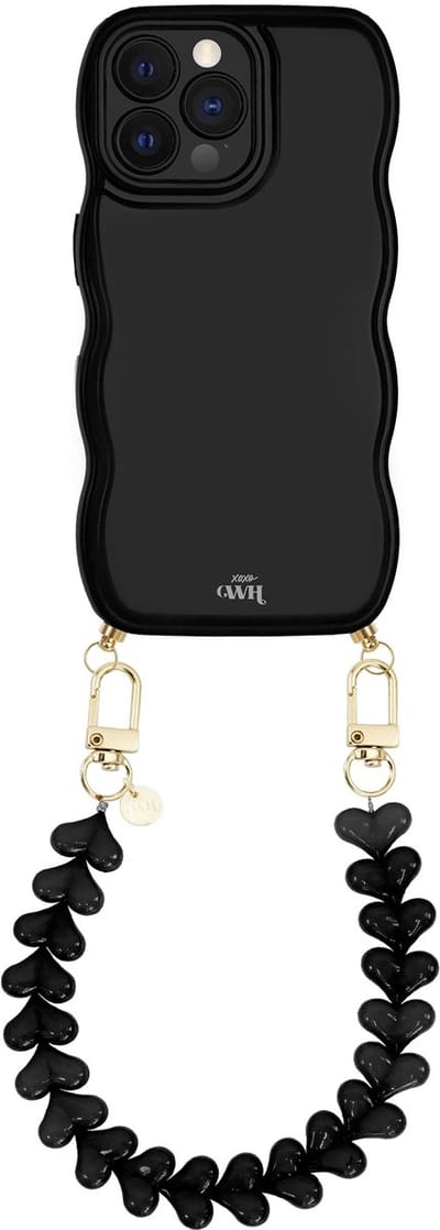 xoxo Wildhearts Glossy Wavy Cord Case Black - Funky Hearts (Zwart) - geschikt voor iPhone 12 Pro - hoesje met koord - telefoonkoord met hartjes - golvend hoesje - silicone case - schokbestendig - zwart