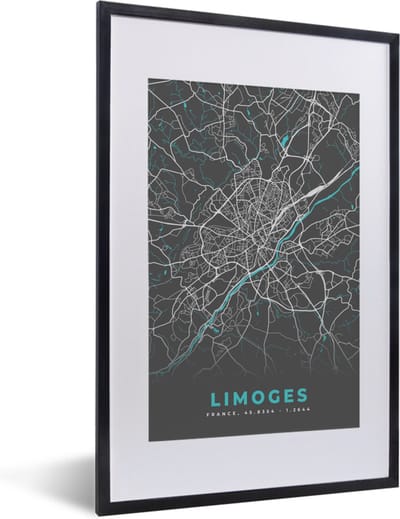 Fotolijst incl. Poster - Frankrijk - Plattegrond - Kaart - Stadskaart - Limoges - 40x60 cm - Posterlijst