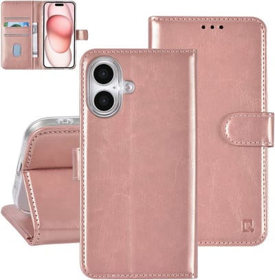 Multimedia & Accessoires PU Lederen Book Case Hoesje geschikt voor Apple iPhone 16 – Rosegoud - Portemonnee – Met Stand – Kaarthouder – Pasjes Houder – 3 Pasjes - Magneet Sluiting – Bookcase