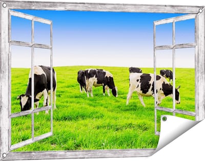 Gards Tuinposter Doorkijk Kudde Koeien in de Wei - Hemel Blauwe Lucht - 90x60 cm - Tuindoek - Tuindecoratie - Wanddecoratie buiten - Tuinschilderij