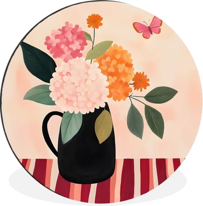 WallCircle - Wandcirkel - Muurcirkel - Vaas - Bloemen - Vlinder - Rood - Aluminium - Dibond - 30x30 cm - Binnen en Buiten
