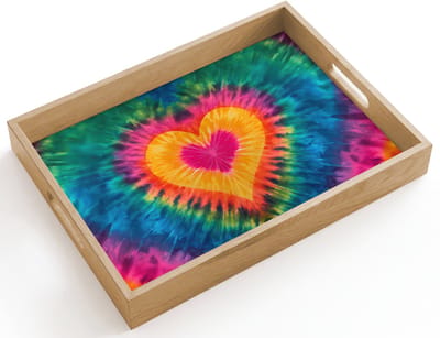 Dienblad hout 40x30 cm - Schootdienblad - Hart - Tie Dye - Kleurrijk - Borrelplank rechthoek - Plateau dienbladen