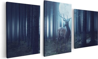Artaza Canvas Schilderij Drieluik Hert In Het Bos Tijdens Volle Maan - 120x60 - Foto Op Canvas - Canvas Print