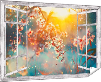 Gards Tuinposter Doorkijk Bloesemboom tijdens Zonsondergang - Bloem - 180x120 cm - Tuindoek - Tuindecoratie - Wanddecoratie buiten - Tuinschilderij