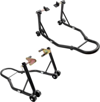 Motorfiets Paddockstand Set - Voor Voor- & Achterwiel - Front & Rear Combo Lift met Dubbele Vork - 386 kg, U+L Vork Ondersteuning - Zwart