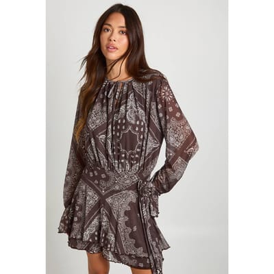 boohoo Dames Paisley-bedrukte mesh geplooide skaterjurk | Chocolate | Maat: 8