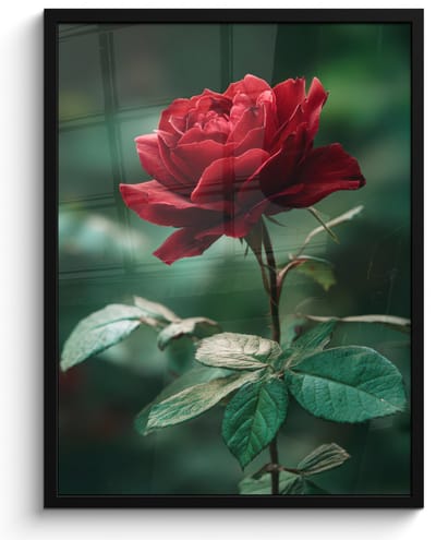 Poster in lijst - Fotolijst 50x70 cm - Posters - Roos - Bladeren - Dieprood - Posterlijst zwart - Decoratie - Wanddecoratie woonkamer - Muurdecoratie slaapkamer