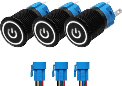 ProRide Drukschakelaar ON-OFF 12V/24V - 16mm Metaal - Waterdicht - LED Wit - Met Kabels - 3 stuks