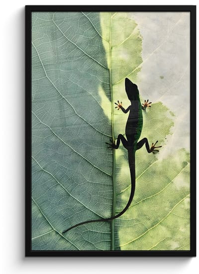 Poster in lijst - Fotolijst 60x90 cm - Posters - Hagedis - Blad - Nerven - Groen - Posterlijst zwart - Decoratie - Wanddecoratie woonkamer - Muurdecoratie slaapkamer