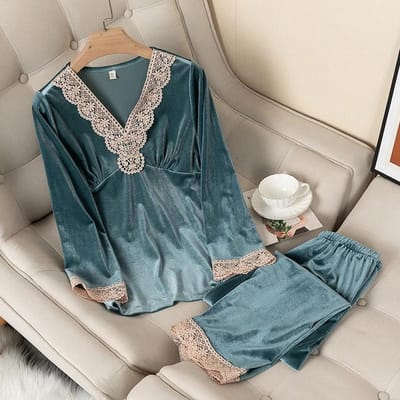 Fluwelen Pyjama Dames Herfst Winter Nachtkleding Lange Mouw Casual Nachtkleding Pyjama Pak Losse Huiskleding Kant Afwerking Slaapset 2XL gray