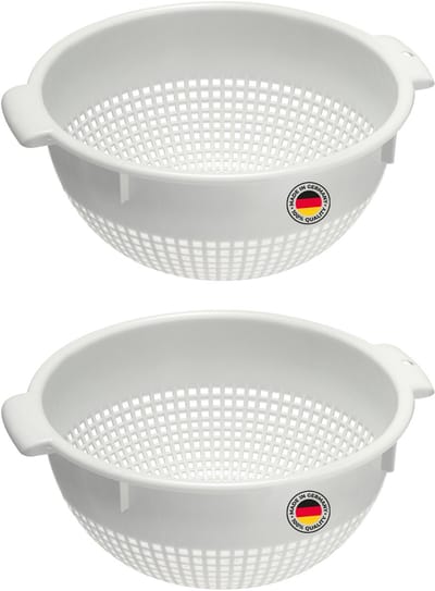 Westmark Strainer – Twee grote zefen met 2 verzonken grepen en 4 bevestigingssteunen voor wassen en afvoeren – Wit, plastic, ø 24 cm