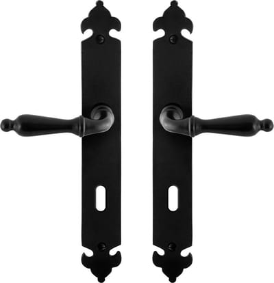 Deurkruk op schild - Smeedijzer zwart - Gietijzer - GPF - GPF6215.60 smeedijzer zwarte Deurklink Muki op BB72, 291x41x4mm