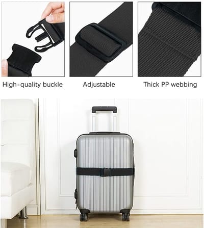 Famanu – Kofferriem - 4 stuks bagageriem - verstelbare kofferband - kruis kofferhanger - bagageband om veilig te sluiten - antislip - zwart - reisaccessoires