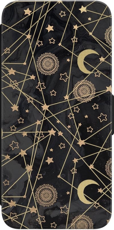 Leuke Telefoonhoesjes - Hoesje geschikt voor Samsung Galaxy A34 bookcase leer - Sterren, zon, maan - Sterren, zon, maan - Wallet Case met pasjeshouder - Sterren - Zwart, Goud
