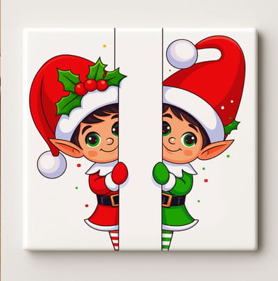 Schattige Kerstelf Decoratieve Tegel 15x15 cm – Speels Kerstelf Peekaboo Ontwerp – Feestelijke Wand- & Woondecoratie