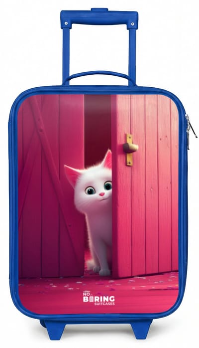 NoBoringSuitcases.com® - Kinderkoffer blauw - Kindertrolley jongen - Witte kat gluurt door roze deur - Koffer kind lichtgewicht - Reiskoffer trolley voor kinderen - Koffertje met lichtgevende wieltjes - Rolkoffer