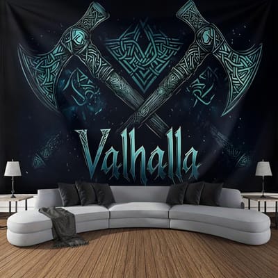 Viking Bijlen Wandtapijt, Valhalla Thema met Gekruiste Strijdbijlen, Scandinavisch Runensymbool Wanddecoratie voor Huis Man Cave Decor 70x100cm28x39in black
