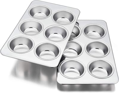 Muffinpan voor 6 muffins en cupcakes, set van 2, 29 x 18 cm, roestvrij staal, veilig voor de vaatwasser, ideaal voor brownies en desserts