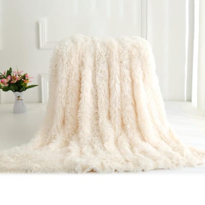 Couverture longue en fausse fourrure, super douce, longue, en fausse fourrure, légère, chaude et confortable, en peluche moelleuse 63"x 79 blanc