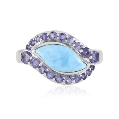 Cavill - Elegante damesring 925 Sterling Zilver met 2,7 ct Larimar en 0,95 ct Madagascar Ioliet - Marquise en bladmotief - Verfijnd en uniek