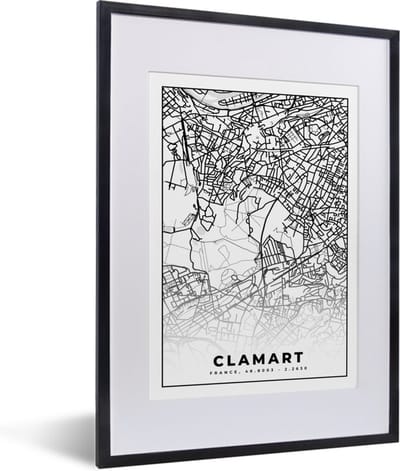 Fotolijst incl. Poster Zwart Wit- Frankrijk - Clamart - Plattegrond - Stadskaart - Kaart - Zwart wit - 30x40 cm - Posterlijst