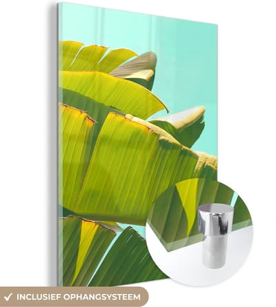 MuchoWow® Glasschilderij 30x40 cm - Schilderij acrylglas - Bananenblad - Bladeren - Tropisch - Zomer - Foto op glas - Schilderijen