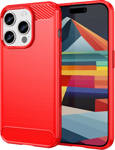 MobyDefend Hoesje - Geschikt voor iPhone 15 Pro - TPU Backcover - Geborstelde Metaal & Carbon-Look - Rood