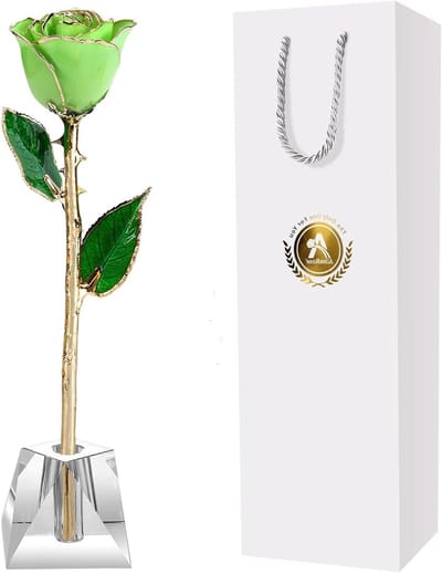 Gouden Roos - Echte bloem - Cadeau geven - Handgemaakt met kristallen - 30 cm lang - Groen met goud