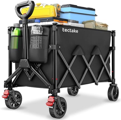 tectake® Bolderkar - Opvouwbaar - 80 kg Draagkracht - Draaibare Massieve wielen met Rem - 45 x 88 x 95 cm - Bolderkarren - Bolderwagen - Met Verstelbare Duwstang - Handkar - Waterafstotende Transportwagen - Met Legplank en Binnenvak