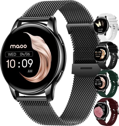 Maoo Ventura AMOLED Smartwatch Dames – RVS & 4x Siliconen Bandjes – Stappenteller, Hartslagmeter, Slaapmonitor, Multisport, Notificaties, Bellen, GPS, Android & iOS – Zwart