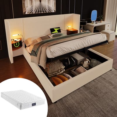 SINGULARITY-Gestoffeerd tweepersoonsbed 160x200 met nachtkastje- leeslamp en USB Type-C- bedkast met opbergruimte- beige- linnen met matras