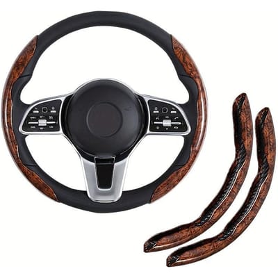 Lot de 2 Protège-Volant Antidérapant Aspect Bois, Accessoire Intérieur de Voiture Universel, Matériau PE, Marron, Sans Anneau Intérieur, pour Divers Modèles de Véhicules