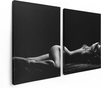 Artaza Canvas Schilderij Tweeluik Vrouw Naakt in Bed - Erotiek - Zwart Wit - 120x80 - Foto Op Canvas - Canvas Print