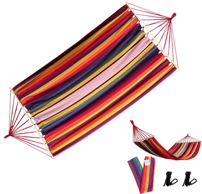 Rijoka Hangmat Large met Spreidstok – 200x140cm – Oranje/Rood/Paars Gestreept – 1 Persoons – Incl. 2 Haken, Touw én Opbergzak – Sunset