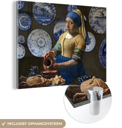 MuchoWow® Glasschilderij 160x120 cm - Schilderij acrylglas - Melkmeisje - Meisje met de parel - Vermeer - Foto op glas - Schilderijen
