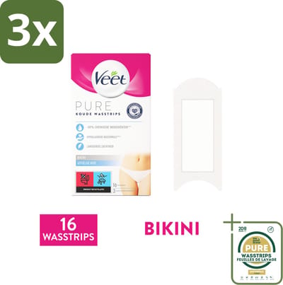 3 x Veet Ontharingsstrips Bikinilijn Pure Gevoelige Huid 16 stuks per verpakking - Grootverpakking - Ontharen Bikini - Ontharingsstrips - Ontharing Huid - Hypoallergene Ontharing - Ontharing Gevoelige Huid