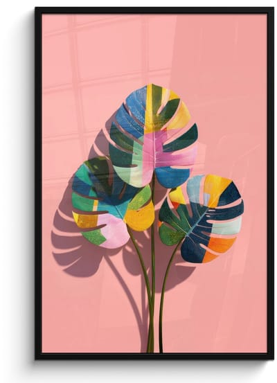 Poster in lijst - Fotolijst 80x120 cm - Posters - Bladeren - Geschilderd - Vlakken - Kleurrijk - Posterlijst zwart - Decoratie - Wanddecoratie woonkamer - Muurdecoratie slaapkamer