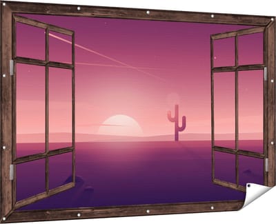 Gards Tuinposter Doorkijk Zonsondergang in de Woestijn met een Cactus - 180x120 cm - Tuindoek - Tuindecoratie - Wanddecoratie buiten - Tuinschilderij