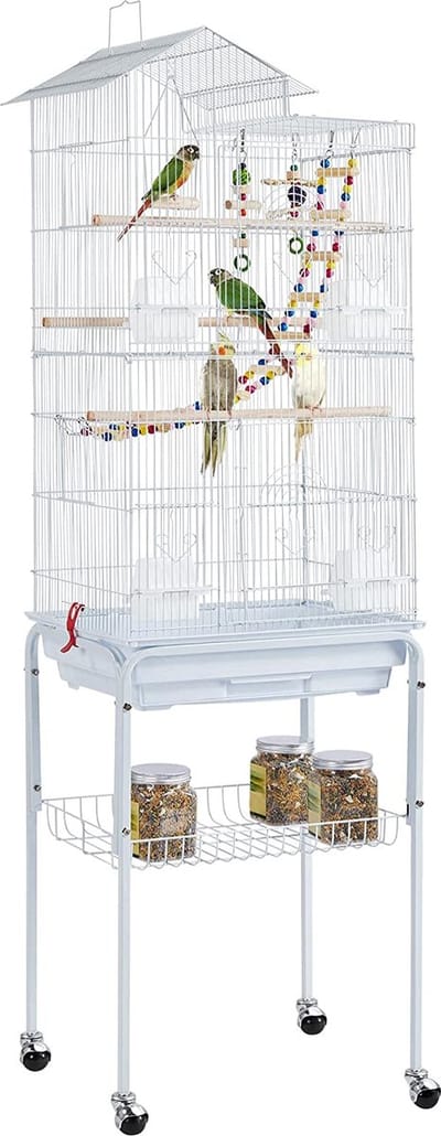 Papa Simba Vogelkooi, parkiet, vogelboer, vogelvolière, kanaries, kooi met vogelspeelgoed met standaard, 46 x 35,5 x 158,5 cm HMTM-10004-BC-white