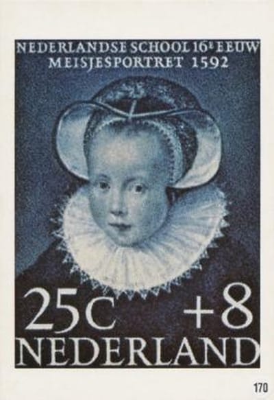 Briefkaart met afbeelding Meisjesportret 1592 postzegel