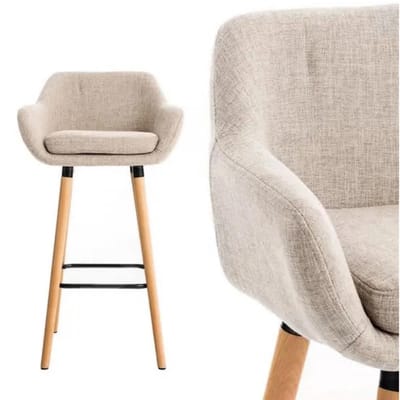 Sello! barkruk met rugleuning – set van 2 – massief houten poten – voetensteun – wasbare hoes – zithoogte 64cm – hout –beige