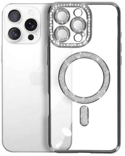 Hoesje met Diamantjes en Glitter Geschikt voor: iPhone 16 Pro Max - MagSafe Glitter Hoesje - Zilver met Diamanten steentjes - Glamour Hoesje