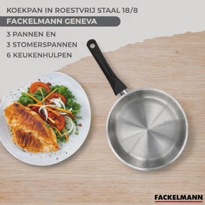 Set 1 pan 20 cm 3 pannen 12 16 20 cm, 3 kookpotten 16, 20 en 24 cm in roestvrij staal en 6 keukengerei RPET Fackelmann Geneva