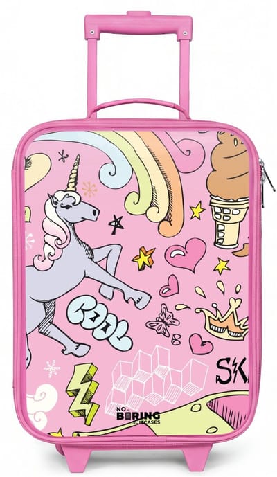 NoBoringSuitcases.com® - Kinderkoffer roze - Kindertrolley meisje - Unicorn doodles - Koffer kind lichtgewicht - Reiskoffer trolley voor kinderen - Koffertje met lichtgevende wieltjes - Rolkoffer