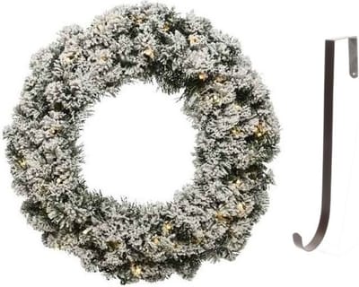 Groen/witte led kerstkrans 60 cm Imperial kunstsneeuw met ijzeren hanger - Kerst decoratie kransen van dennentakken