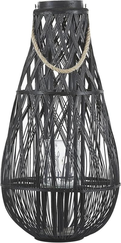 Lantaarn van wilgenhout - Decoratieve windlicht - Sfeerverlichting buiten - Handgemaakt boho design - 77 cm hoog - Zwart
