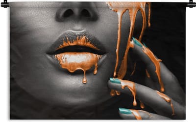 Wandkleed - Wanddoek - Lippen - Oranje - Zwart - 120x80 cm - Wandtapijt
